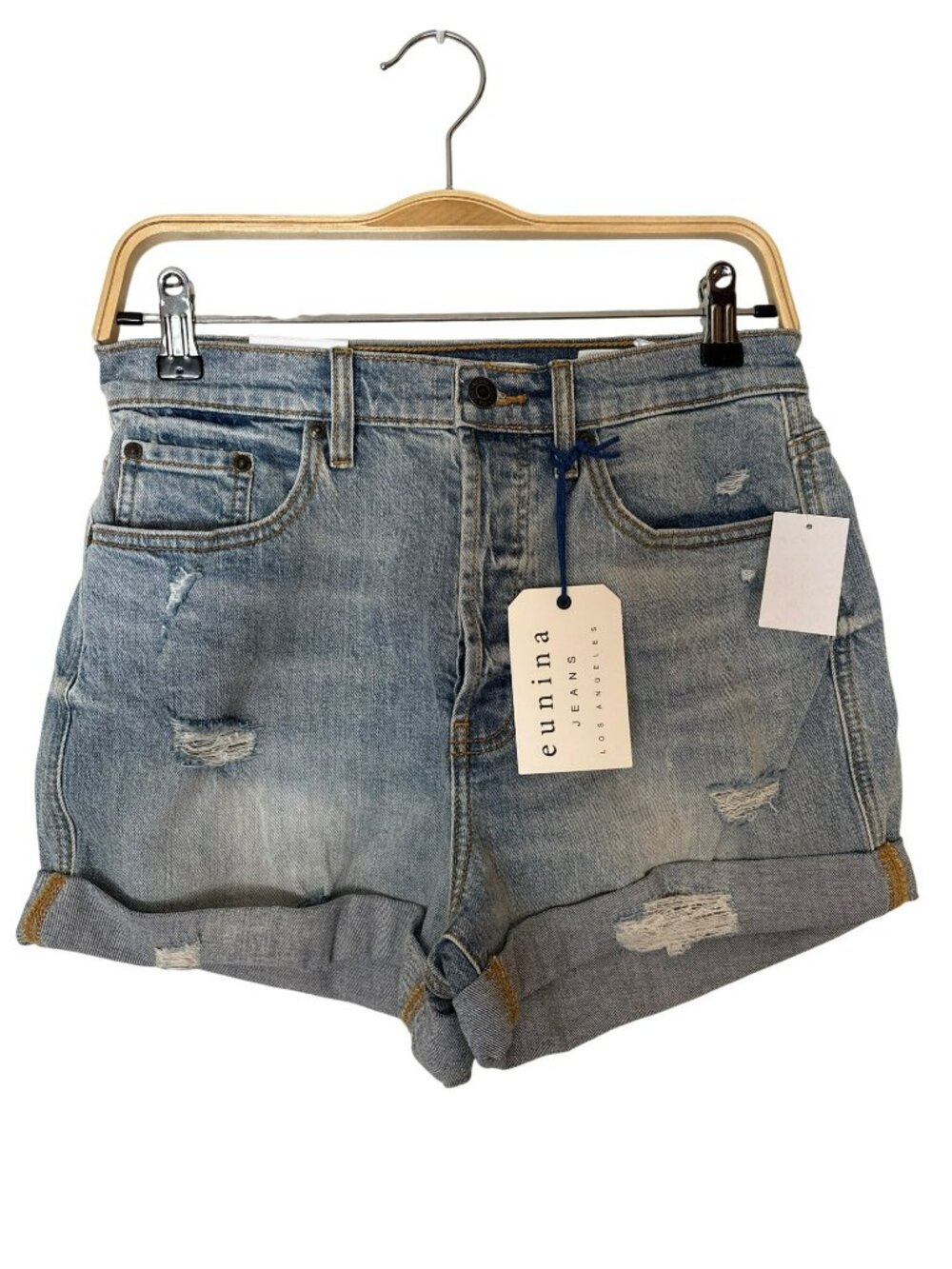 NWT Eunina Olivia Ultra High Rise Distressed Stretch Denim Mom Shorts Medium